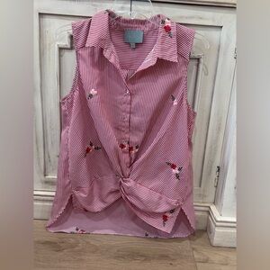 Skies Are Blue Red Striped Sleeveless Blouse with Floral Details